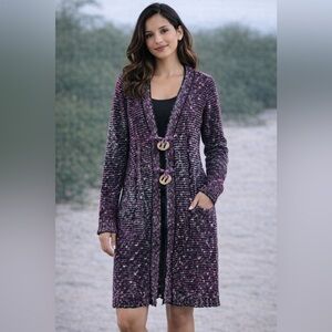 BCBGMAXAZRIA Purple Black Marled Knit Long Cardigan Sweater Y2K Size M